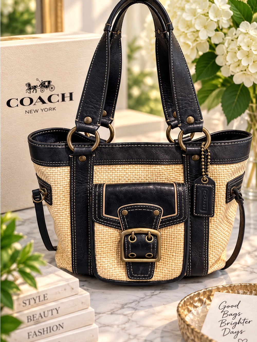 Vintage Coach 2005 Legacy Straw Leather Tote 113 Y2K